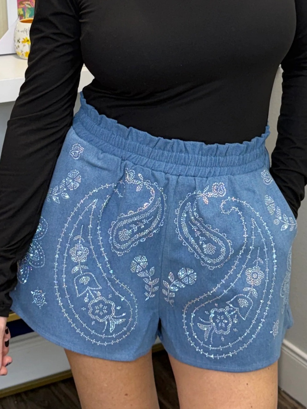 QUEEN OF SPARKLES Rhinestone Paisley Shorts